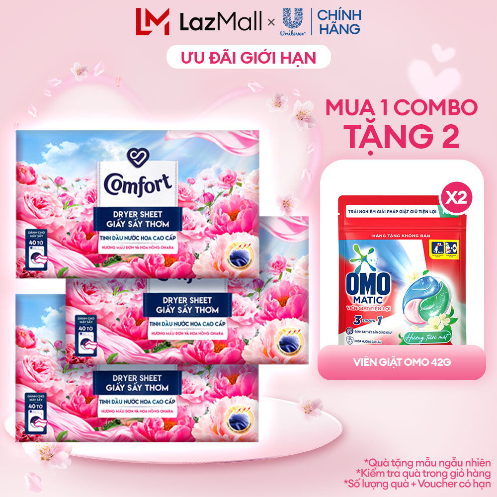 Combo 3 Hộp Giấy Thơm Comfort Hương Mẫu Đơn Và Hoa Hồng Ohara 40 tờ/hộp Dành Cho Máy Sấy Quần Áo Tủ