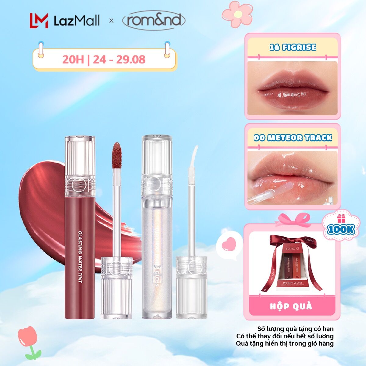 Combo Son tint lì Romand Glasting Water Tint 4g + Son bóng Romand Glasting Water Gloss 4.5g