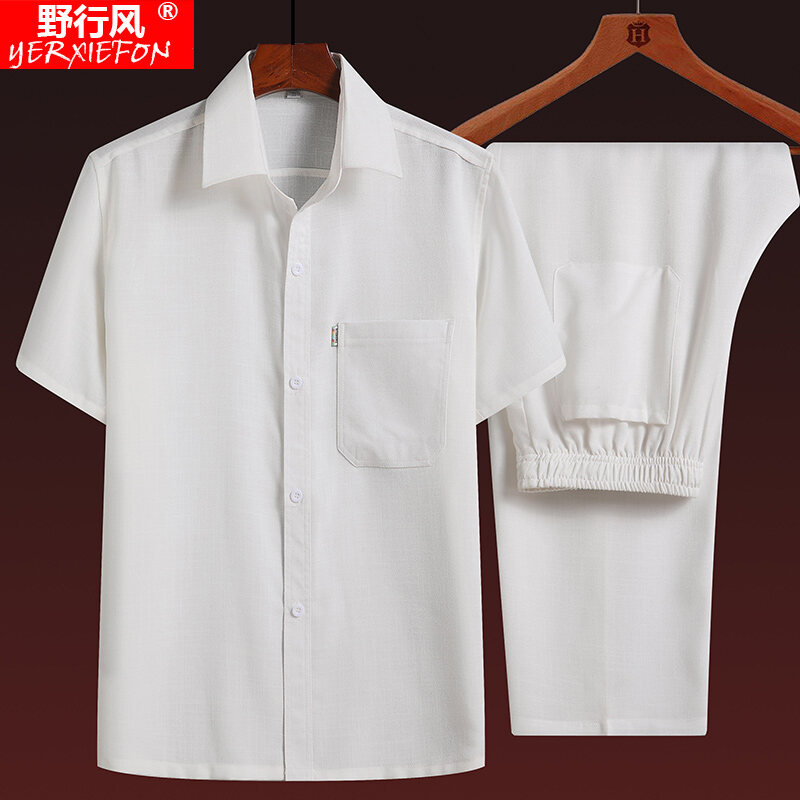 Áo Sơ Mi Nam Tay Ngắn Mùa Hè Bằng Vải Lanh Cotton Rộng Rãi Cổ Bẻ Thường Ngày Cho Bố, Ông, Quần Áo Lão Năm Mươi