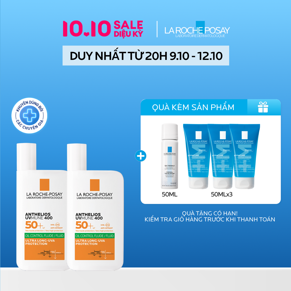 Bộ sản phẩm sữa chống nắng La Roche-Posay cho da dầu mụn Anthelios UVMUNE400 Fluid 50ml
