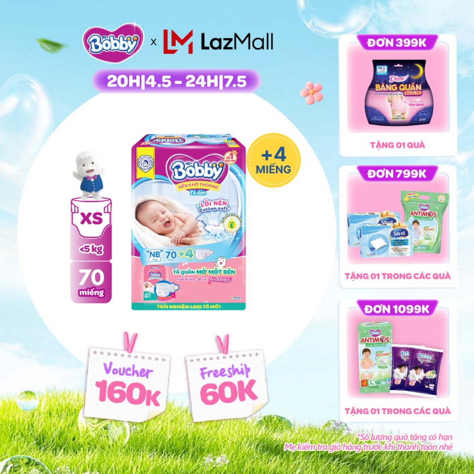 [CHỈ 20h 04-07.05 QT Đơn 899K/1199K]Tã dán Sơ sinh Bobby XS70 mới + tặng kèm 4 miếng tã quần mở một bên size NB/NB-S