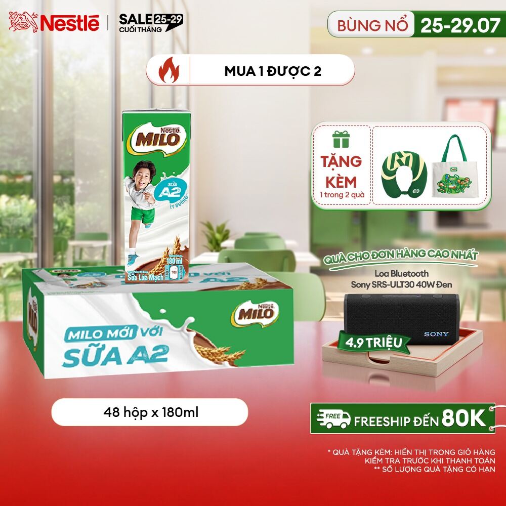 [ƯU ĐÃI THÁNG 7][Giao hàng toàn quốc] Thùng Sữa Lúa Mạch Nestle MILO A2 MỚI 48 hộp (4x180ml)