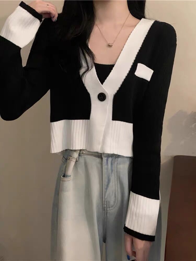 Áo Khoác Len Cardigan Croptop Ullzang 1 Cúc Cài