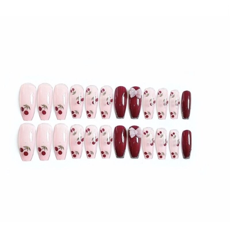 24 PCs set fashion cherry blossom long false nails