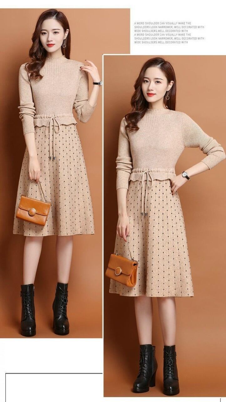 Đầm len xoè chân váy chấm bi cao cấp