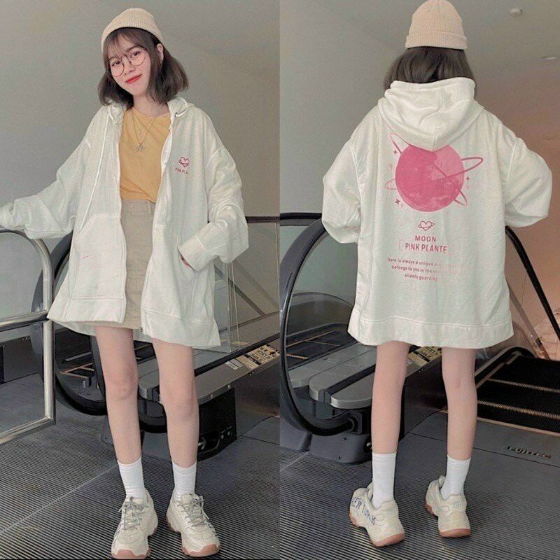 Áo khoác hoodie nỉ ngoại dày dặn mook pink plante form rộng 2 màu áo khoác chống nắng nữ áo khoác nữ áo hoodie áo khoác nỉ