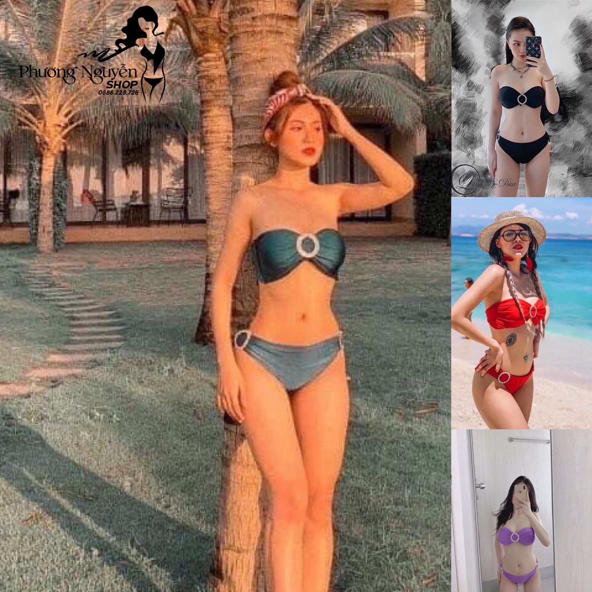 Đồ bơi nữ bikini áo tắm 2 mảnh khoen đá tròn cúp ngực đẹp sexy bầu mặc được