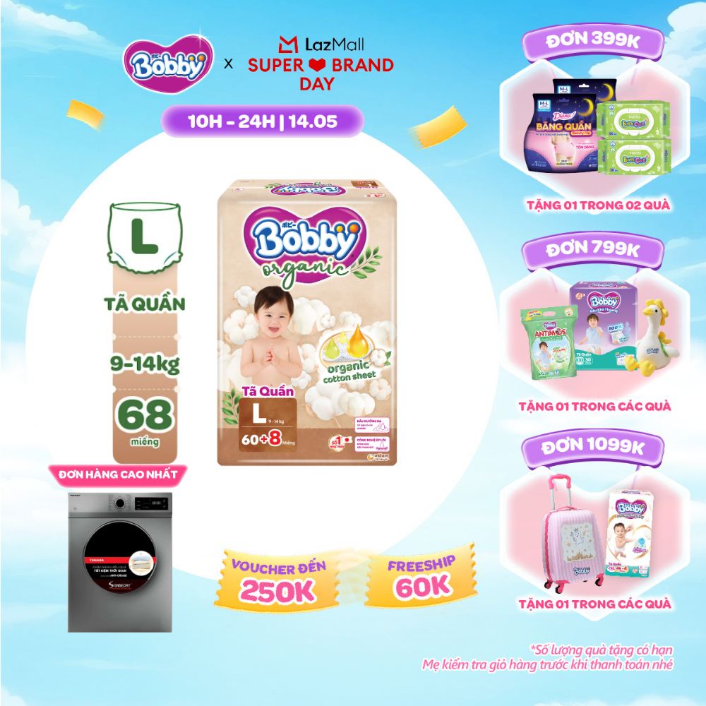 [SALE GIỮA THÁNG tặng QUÀ TO-SLCH][MỚI RA MẮT] [TẶNG KÈM 8 MIẾNG] Tã quần cao cấp Bobby Organic chăm sóc dịu nhẹ từ thiên nhiên L60