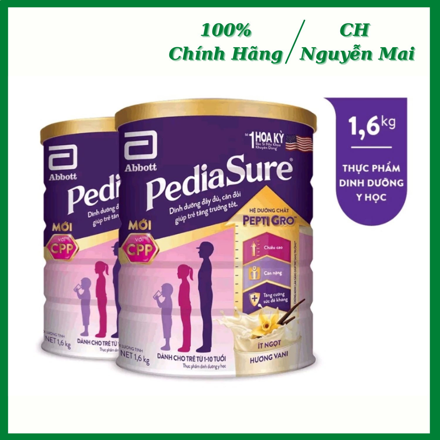 Combo 2 hộp sữa bột pediasure 1.6kg - hương vani ít ngọt