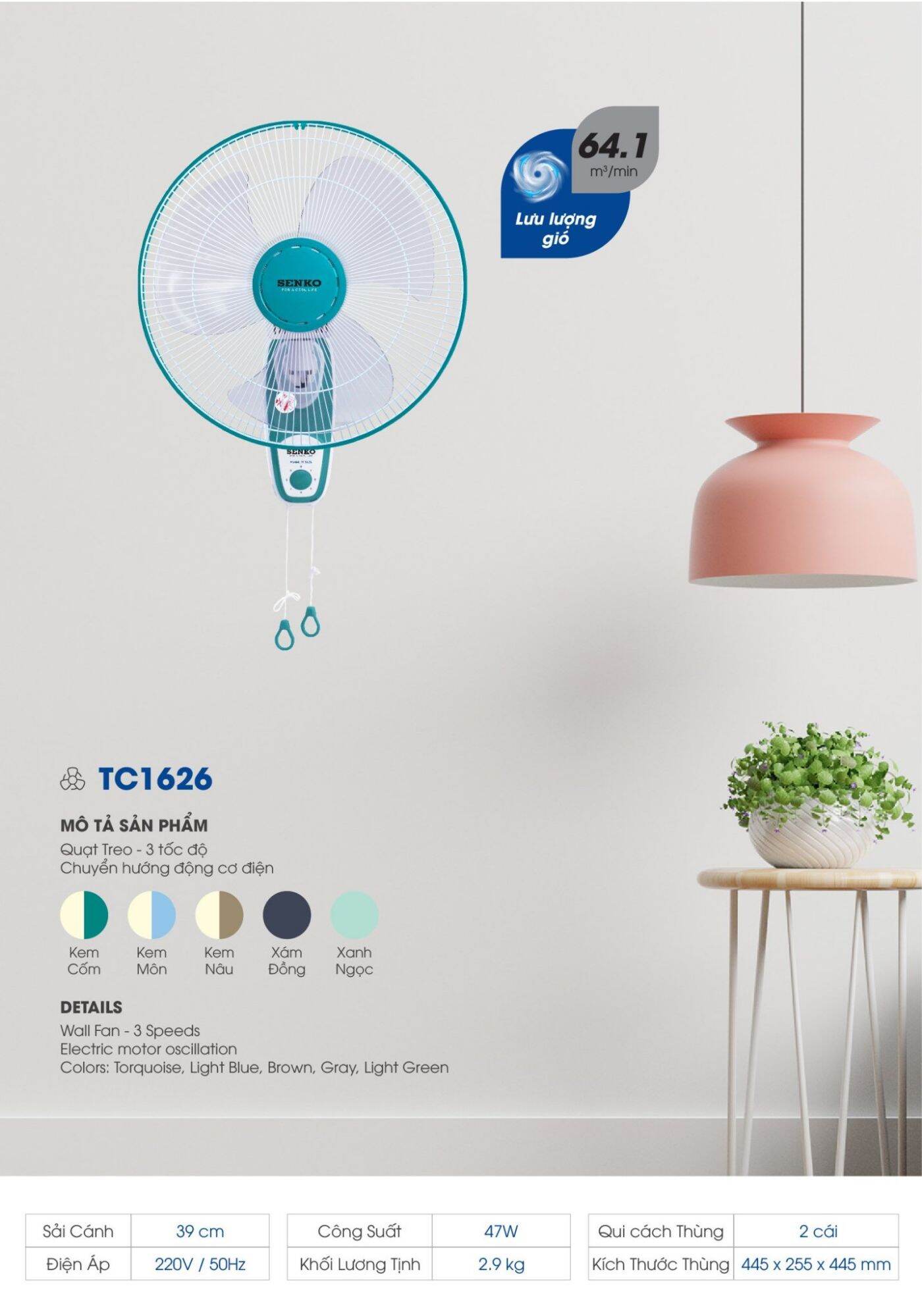 Quạt senko - tc1626 treo 2 dây