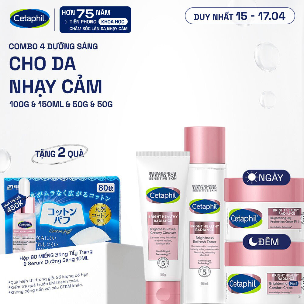 Trọn bộ 4 sản phẩm dưỡng sáng Cetaphil Bright Healthy Radiance Sữa rửa mặt 100g + Nước cân bằng 150ml + Kem dưỡng ẩm ngày 50g và Kem dưỡng ẩm đêm 50g