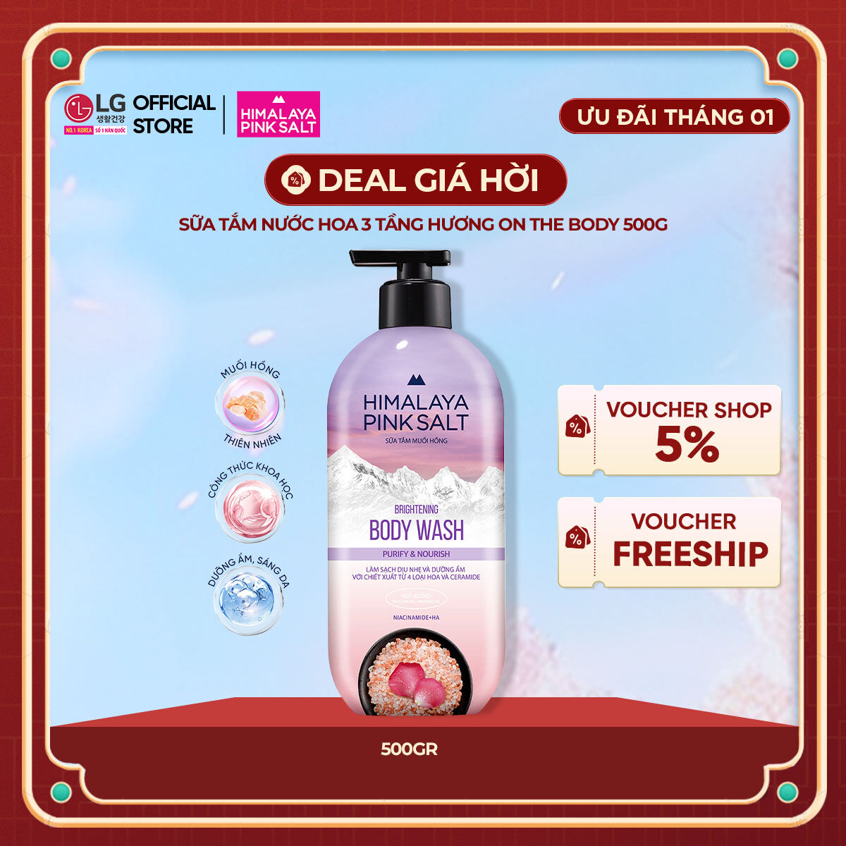   LG Daily Beauty Official  Sữa tắm muối hồng Himalaya Pink Salt làm sạch và dưỡng ẩm da 500g 