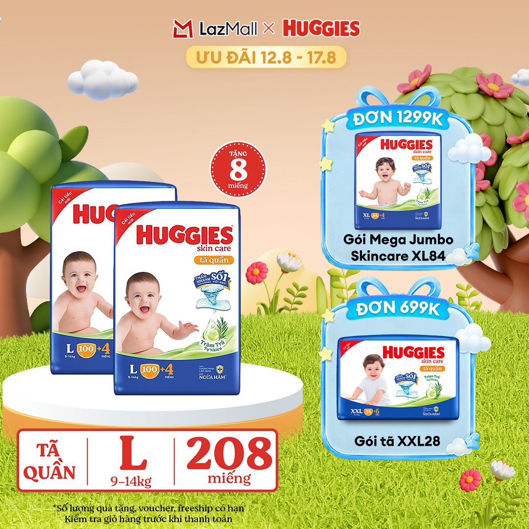[12-17.08 GIẢM THÊM 90K]  Combo 2 Gói Tã/bỉm quần HUGGIES SKINCARE MEGA JUMBO size L100+4 miếng