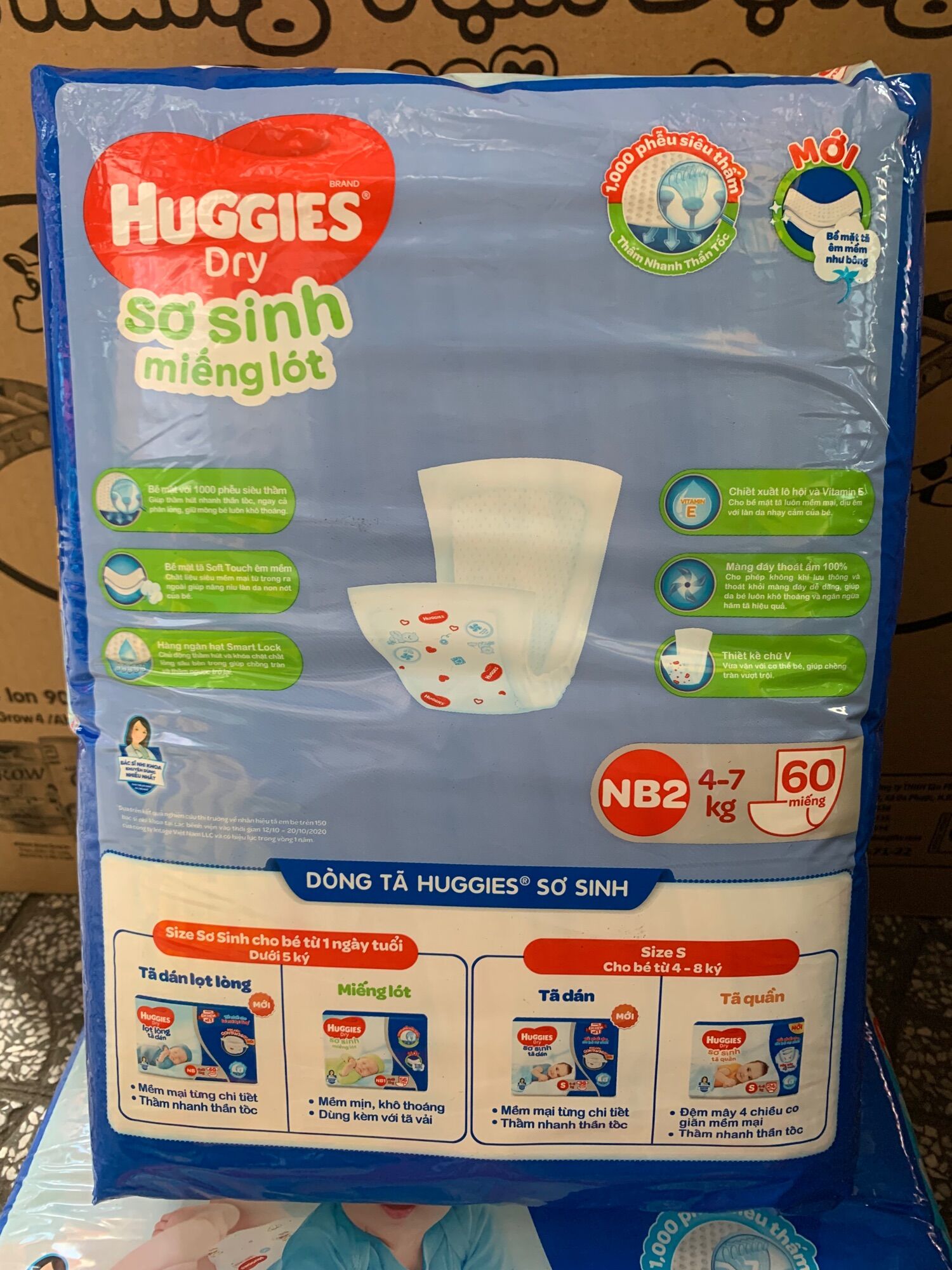 Miếng lót sơ sinh Huggies NB2 - 60miếng (Cho bé 4-7kg)