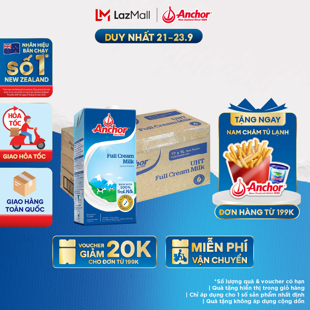 [GIAO HÀNG HỎA TỐC - HCM] Thùng 12 Hộp Sữa Tươi Tiệt Trùng Anchor Nguyên Kem Hộp 1 Lít