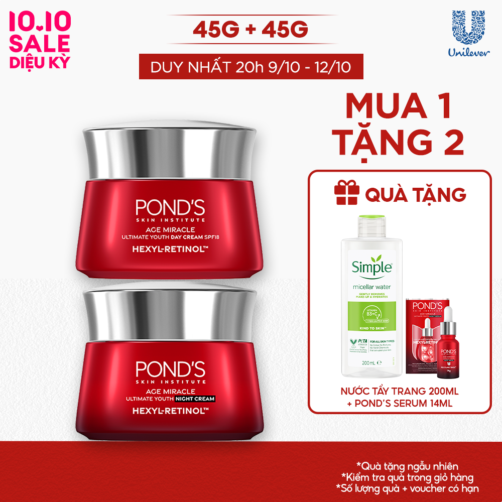 Bộ Kem dưỡng ngày đêm Pond's Age Miracle mờ đốm nâu và nếp nhăn với 50X Hexyl-Retinol 45G