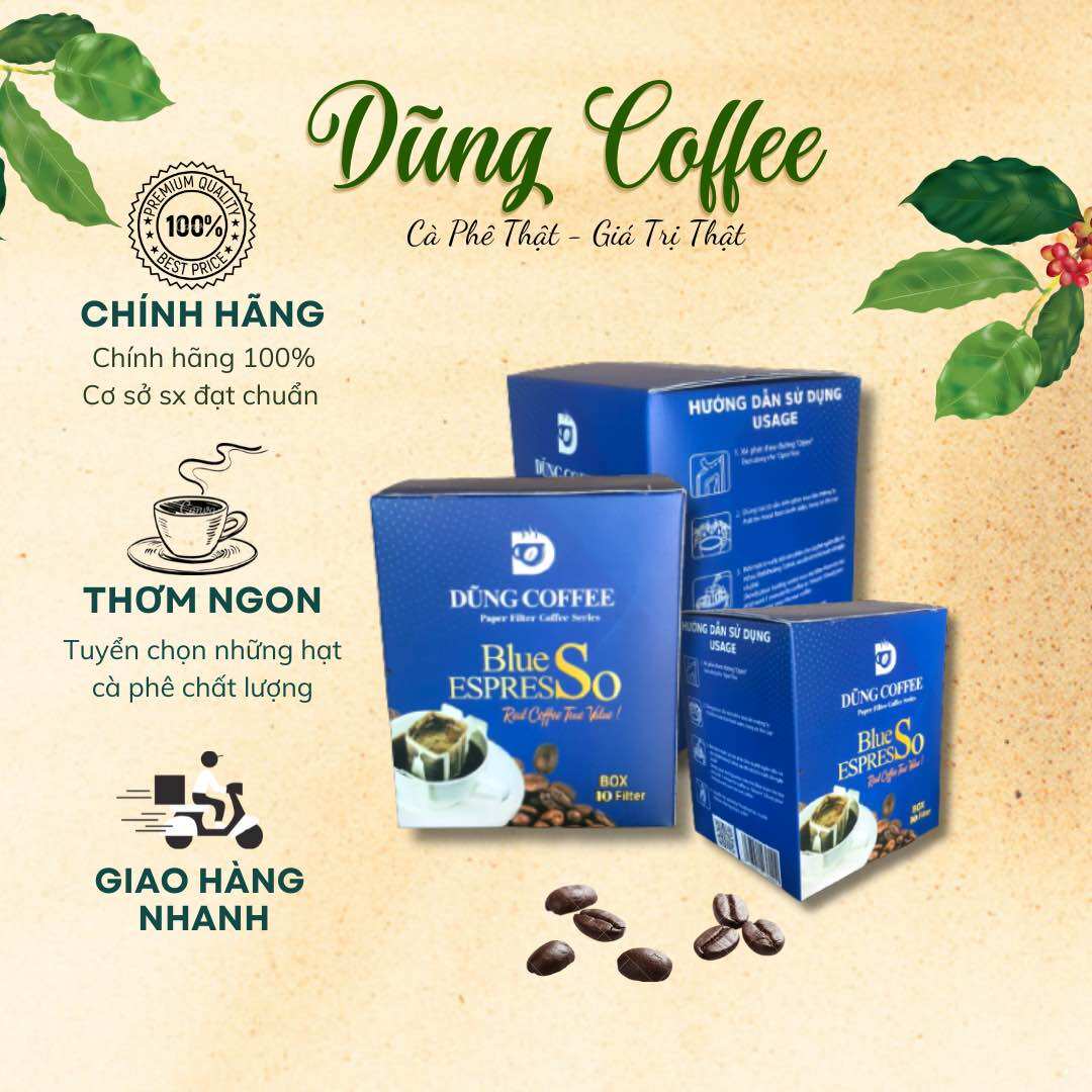 Cà Phê Phin Giấy BLUE ESPRESSO ( Hộp 10 phin x 13g & 10 gói đường). DŨNG COFFEE - cà phê thật, giá trị thật!