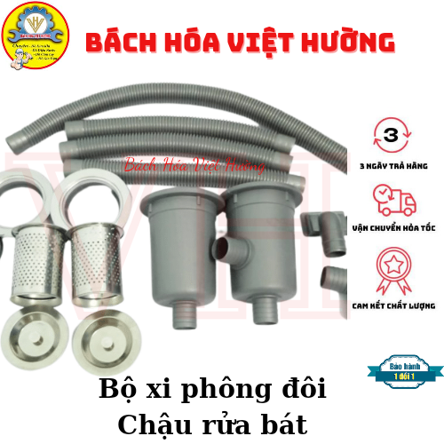 Bộ xi phông chậu rửa chén/bát 2 hố loại đẹp Tân Á Đại Thành, xi phông đôi 2 ngăn thoát nước nhanh, khử mùi tốt