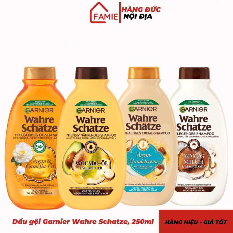Dầu gội Garnier Wahre Schatze chiếc xuất Argan Mandel & Camel/ Coco & Maca/ Avocado, 250ml