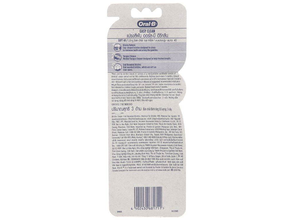 Bàn chải đánh răng Oral-B lông mềm Easy Clean vỉ 3 cây
