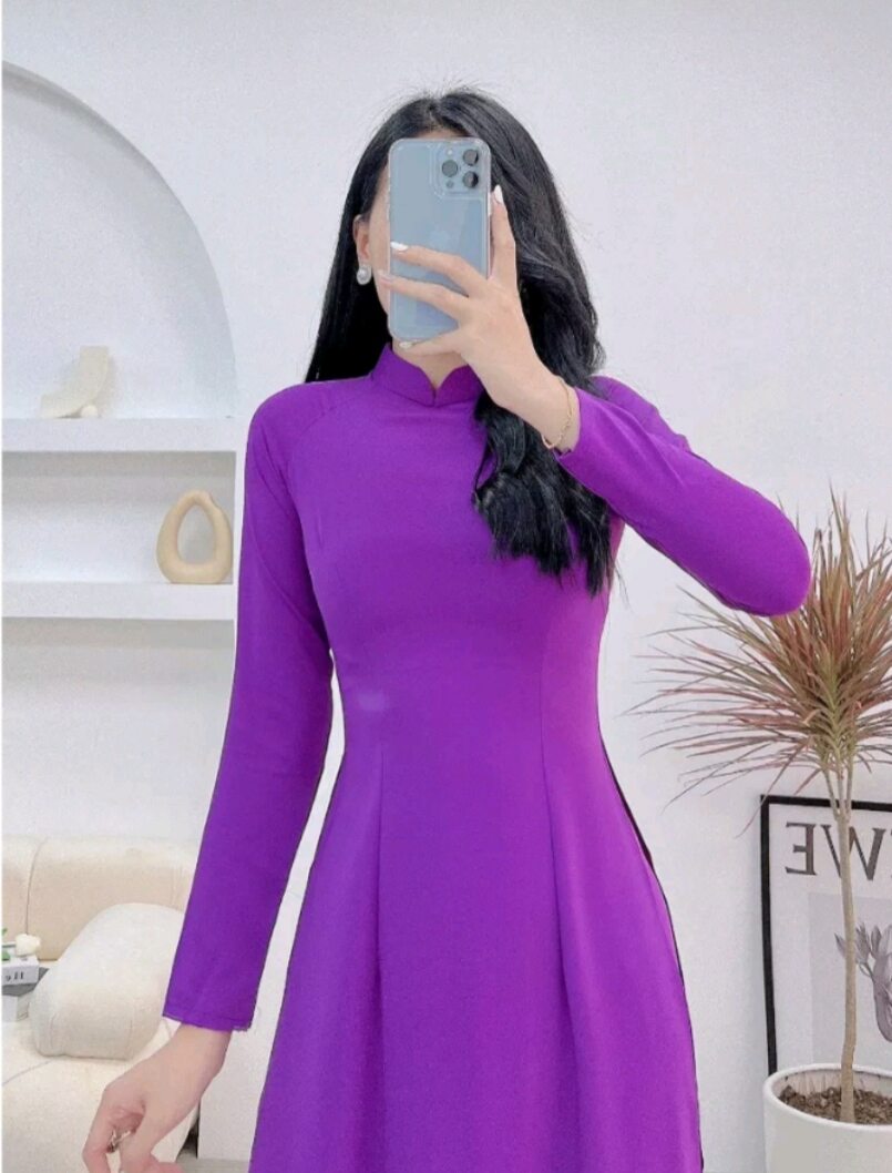 Bộ Quần, Áo Dài Tím trơn lụa mỹ cao cấp tay lỡ