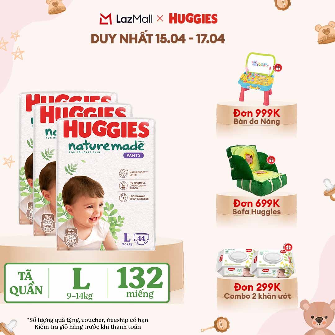 [CHỈ 18-24.04 QUÀ TẶNG ĐƠN 399K](Mua 1 tặng 1)  Combo 3 Tã/Bỉm quần HUGGIES PLATINUM NatureMade L44 (9-14kg)-Gói Jumbo 44 miếng