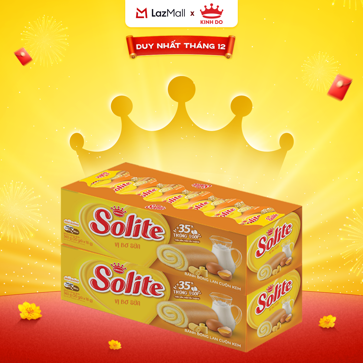  Combo 2 Hộp Bánh Bông Lan Cuộn Kem Solite Vị Lá Dứa  Bơ Sữa  Dâu Hộp 2X324G 378G 