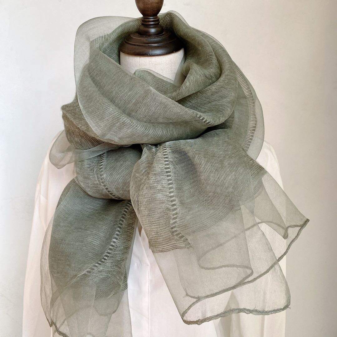 Khăn Choàng Lụa Pha Trộn Mỏng Dài Hai Lớp Màu Xanh Đơn Giản Cho Nữ Khăn Choàng Lụa Tơ Tằm Mùa Xuân Thu Khăn Quàng Cổ Phong Cách Hàn Quốc