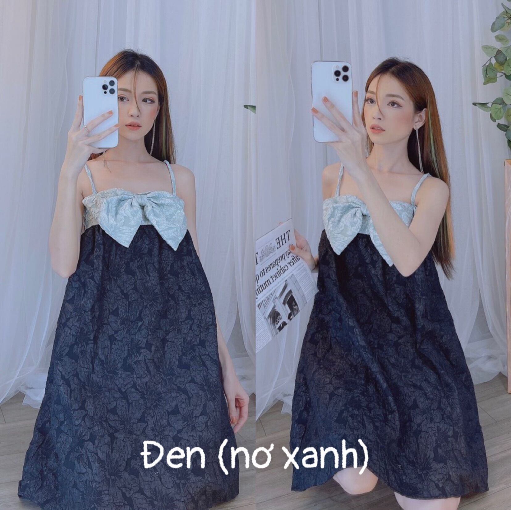 Đầm hai dây phối nơ chất gấm hoa cao cấp siêu hot