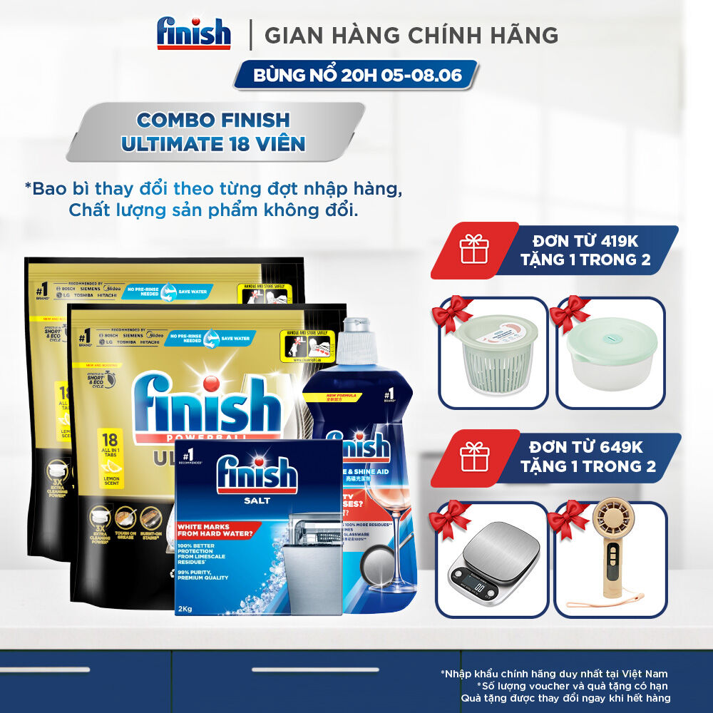 Combo 2 Túi rửa chén Finish Ultimate 18 viên + Nước làm bóng Finish 500ml + Muối rửa chén Finish 2kg