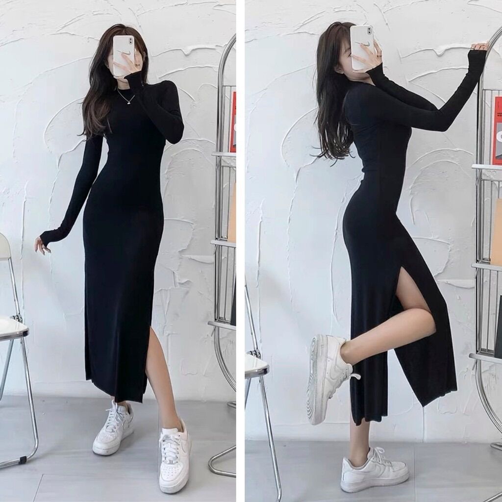 Đầm ôm đen tuyền sang chảnh xẻ 2 bên DX