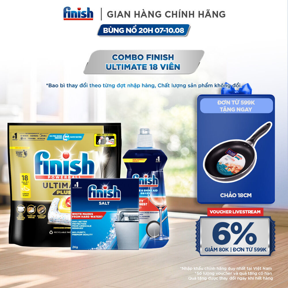 Combo Viên Rửa Chén Bát Finish Powerball Ultimate Plus Intensive Lemon Sparkle 18 Viên + Nước làm bóng Finish 500ml + Muối rửa chén 2kg
