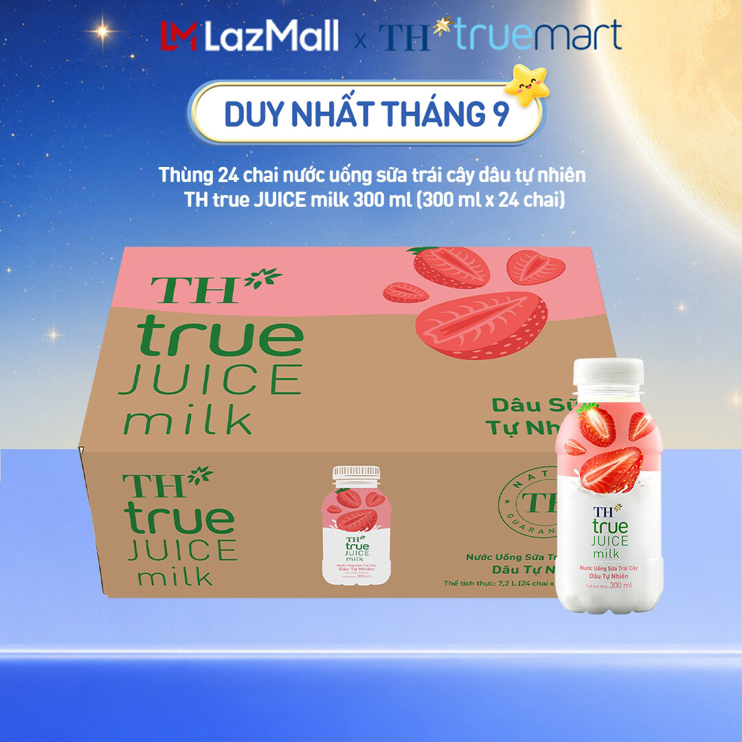 Thùng 24 chai nước uống sữa trái cây TH true JUICE milk dâu tự nhiên 300 ml (300 ml x 24)
