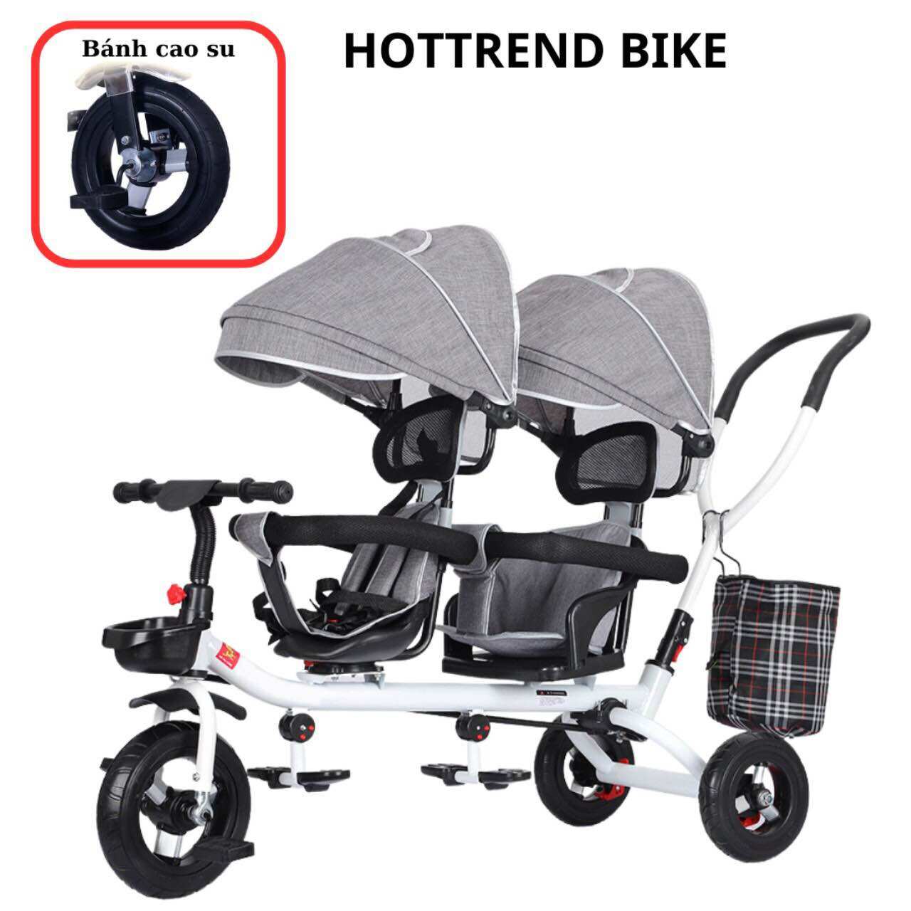 Xe đẩy đôi 3 bánh cho bé ( ghế có lưới thoáng mát) Bánh Cao Su