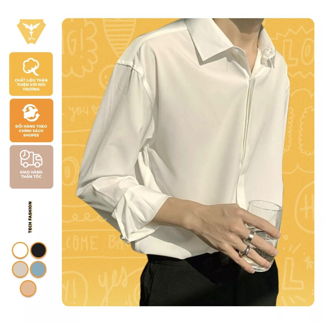 Áo sơ mi  nam from rộng tay dài đẹp lụa mát giấu cúc cổ bẻ hàn quốc TF4