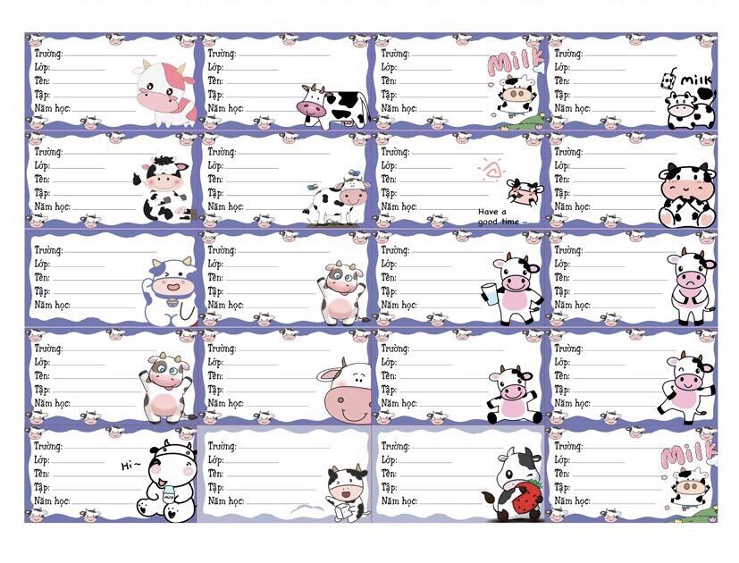 Nhãn vở Bò sữa 20-40 nhãn khác nhau/nhãn dán hình bò sữa cute đáng  yêu
