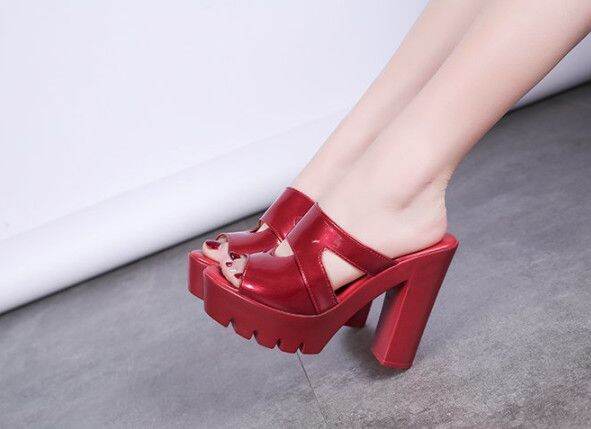 Dép cao gót đế thô khuyết eo đỏ