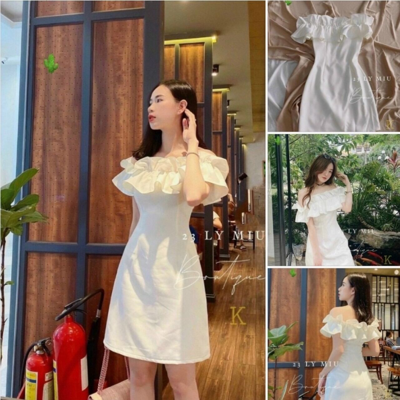Đầm bẹt vai phối bèo , có mút ngực . chất kate hàn mềm mại