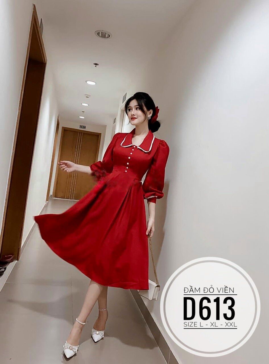 60-90kg Bigsize ĐẦM ĐỎ FORM DÀI PHỐI VIỀN D613