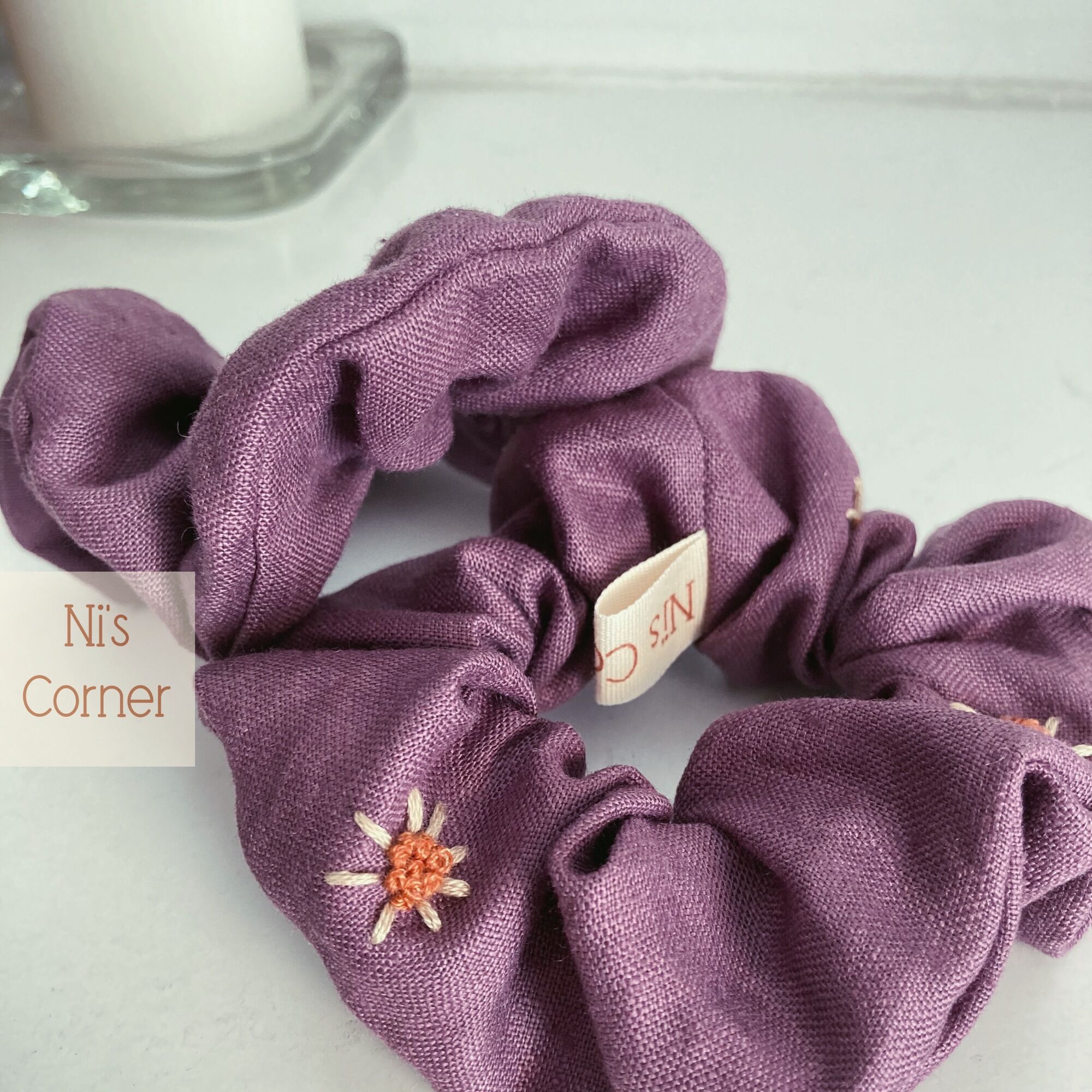 [HCM]Scrunchies cột tóc Linen thêu tay (Pure Linen - Tone Tím)