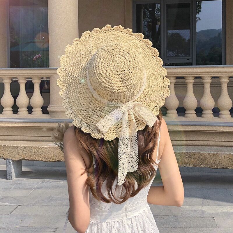 Mũ nón cố vành đi biển phối nơ ren cực xinh MCL03