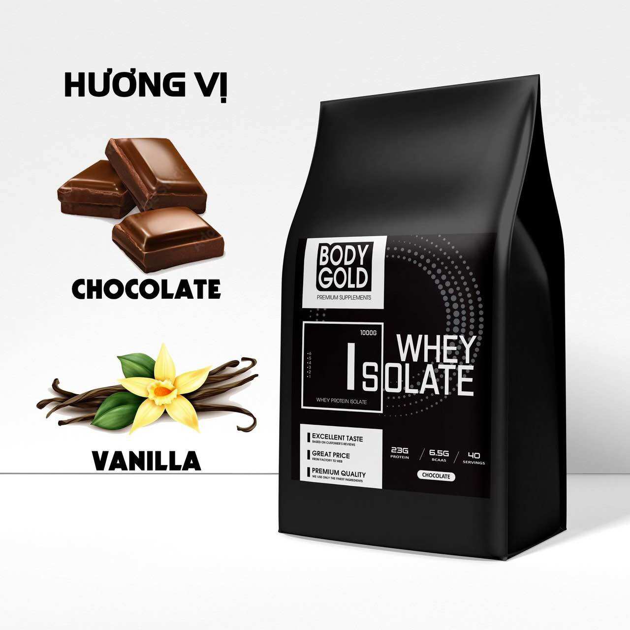 Sữa Tăng Cơ - Giảm Mỡ - Whey Protein Isolate BodyGold túi 1kg + Tặng bình lắc Shaker