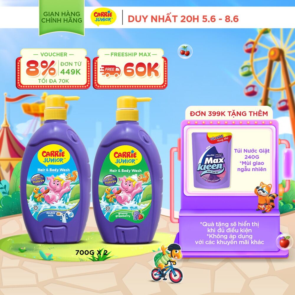 Combo 2 chai Sữa Tắm Gội cho bé Carrie Junior chiết xuất trái cây thiên nhiên 700g/chai: 1 Hương Grapeberry + 1 Tinh Chất Sữa