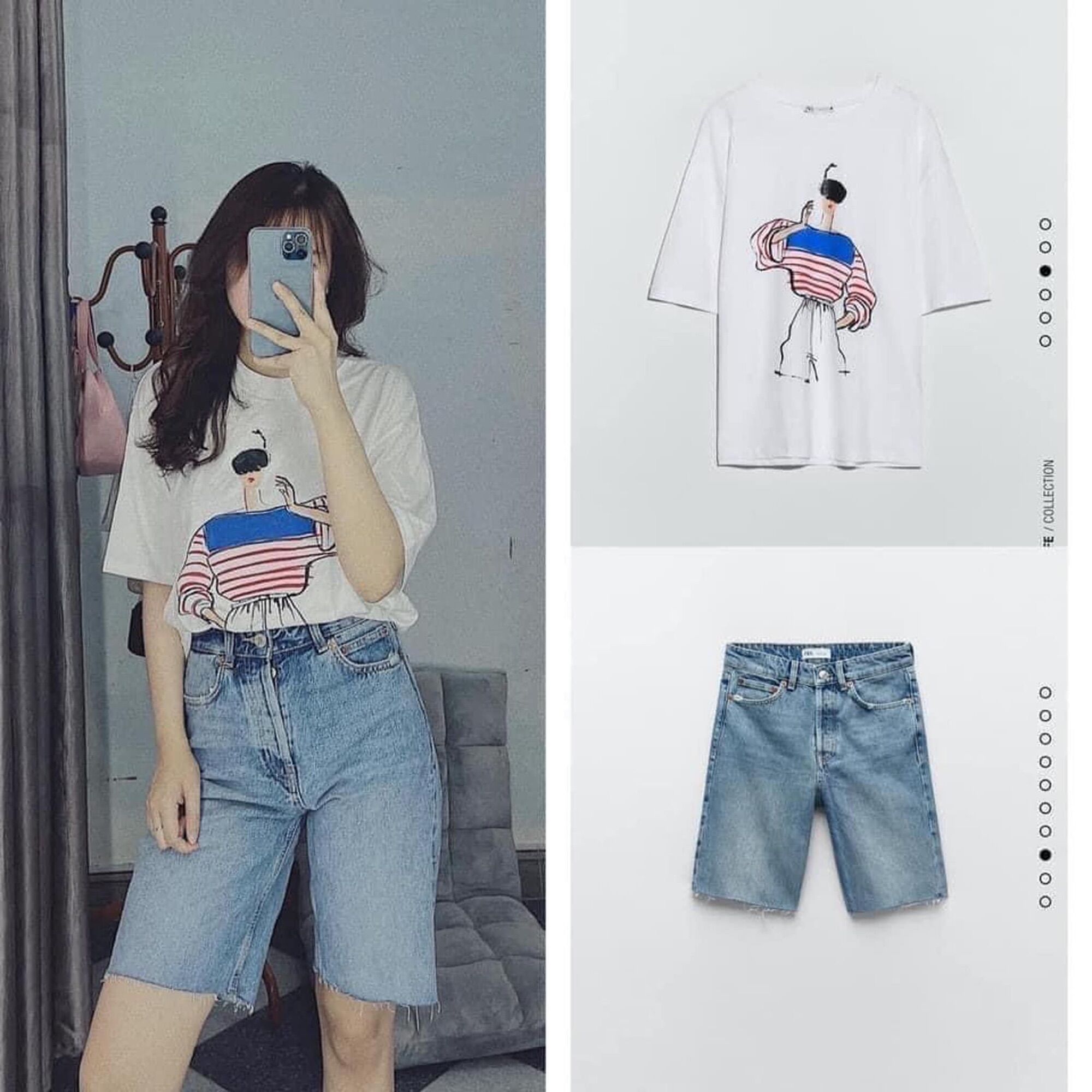 Set áo phông cô gái+quần short jeans Zara