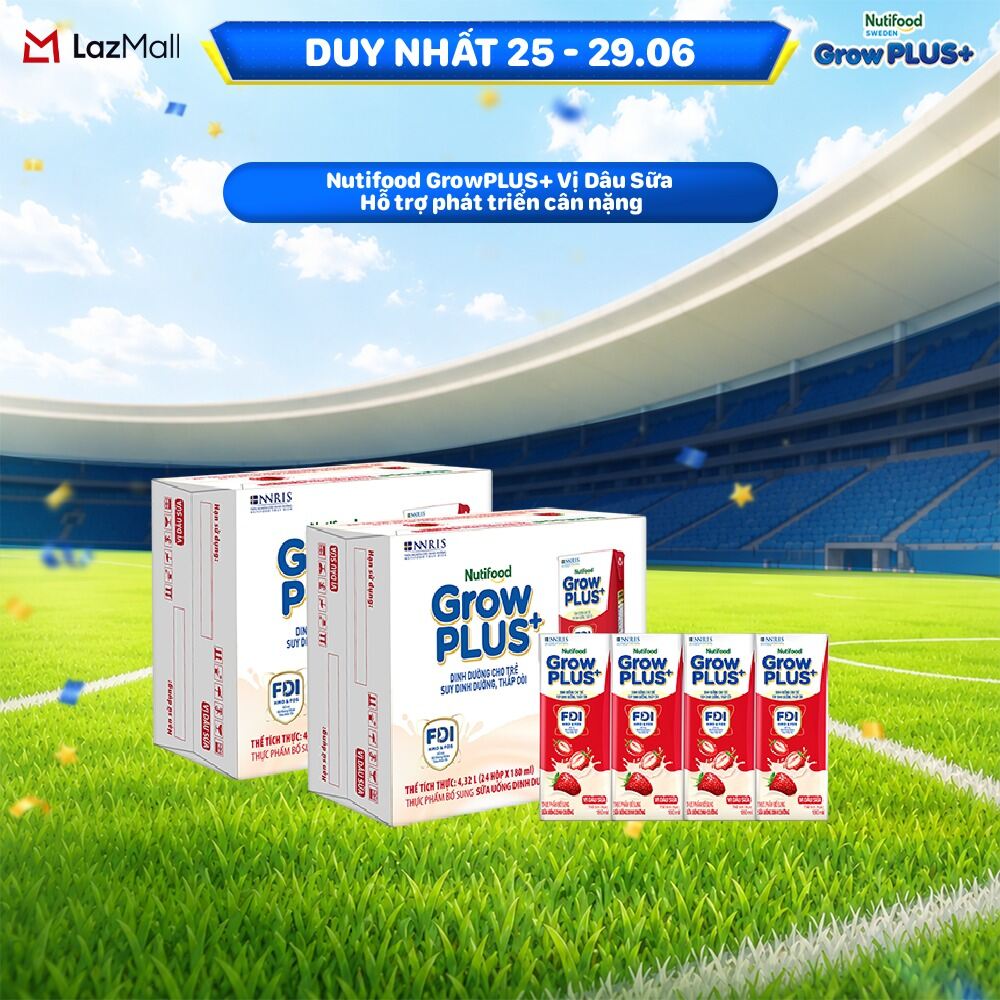 Combo 2 Thùng 24 hộp Sữa bột pha sẵn Nutifood GrowPLUS+ Vị Dâu Sữa hộp 180ml - Hỗ trợ phát triển cân nặng