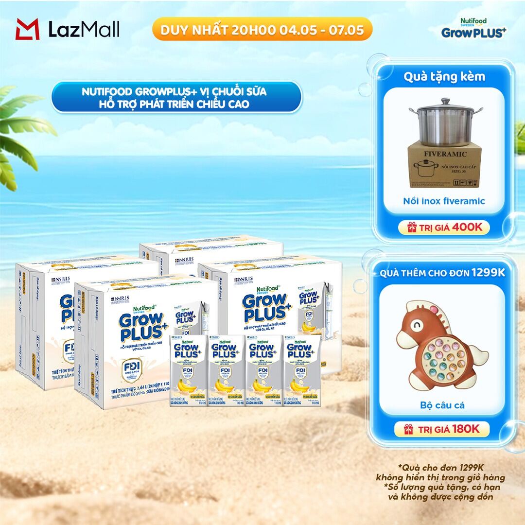 Combo 4 Thùng 24 hộp Sữa bột pha sẵn Nutifood GrowPLUS+ Vị Chuối Sữa hộp 110ml - Hỗ trợ phát triển chiều cao