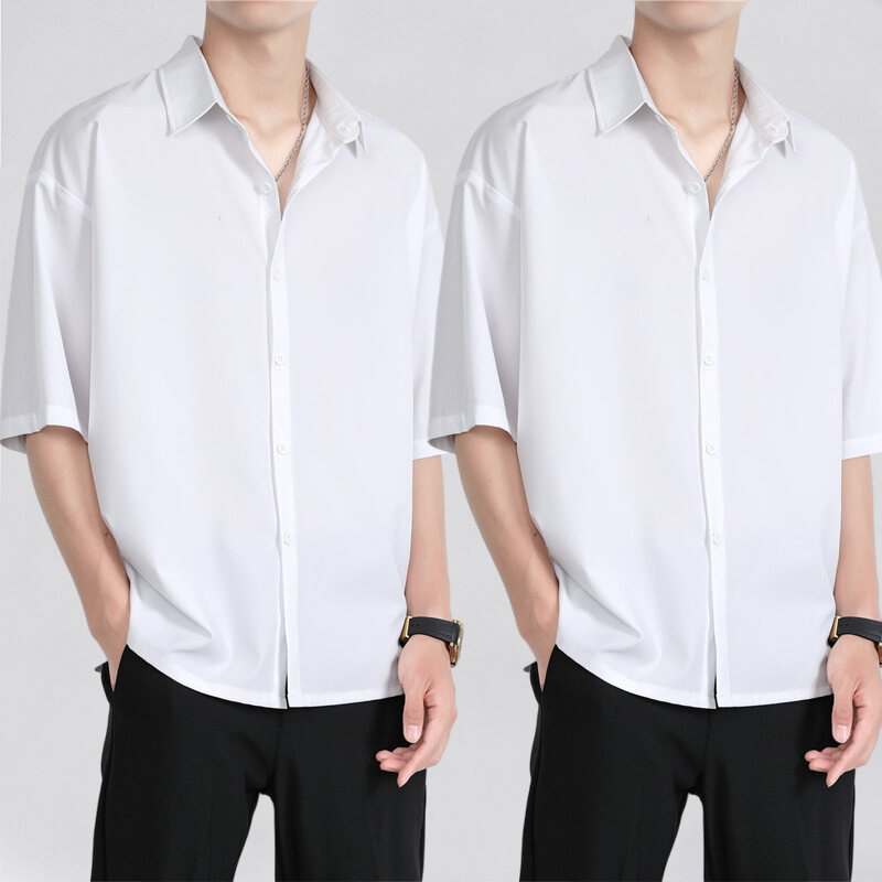 Áo Sơ Mi Lụa Băng Dáng Rộng Tay Ngắn Mùa Hè Mỏng Màu Đen Thanh Lịch Cho Nam Chất Liệu Cotton Pha Trộ