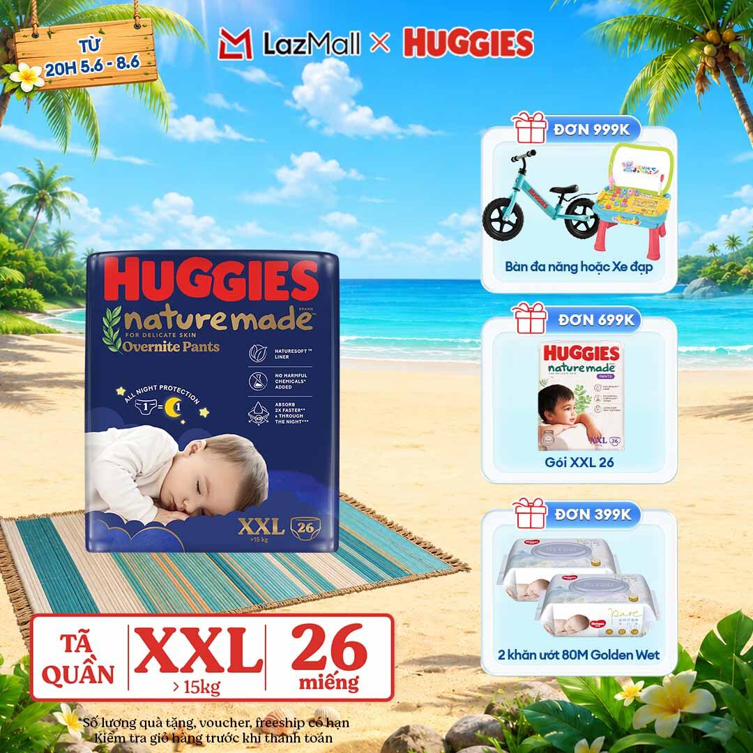 [CHỈ 9-10.6 QUÀ TẶNG ĐƠN 399K](Mua 1 tặng 1) Tã quần Huggies Naturemade ban đêm XXL26