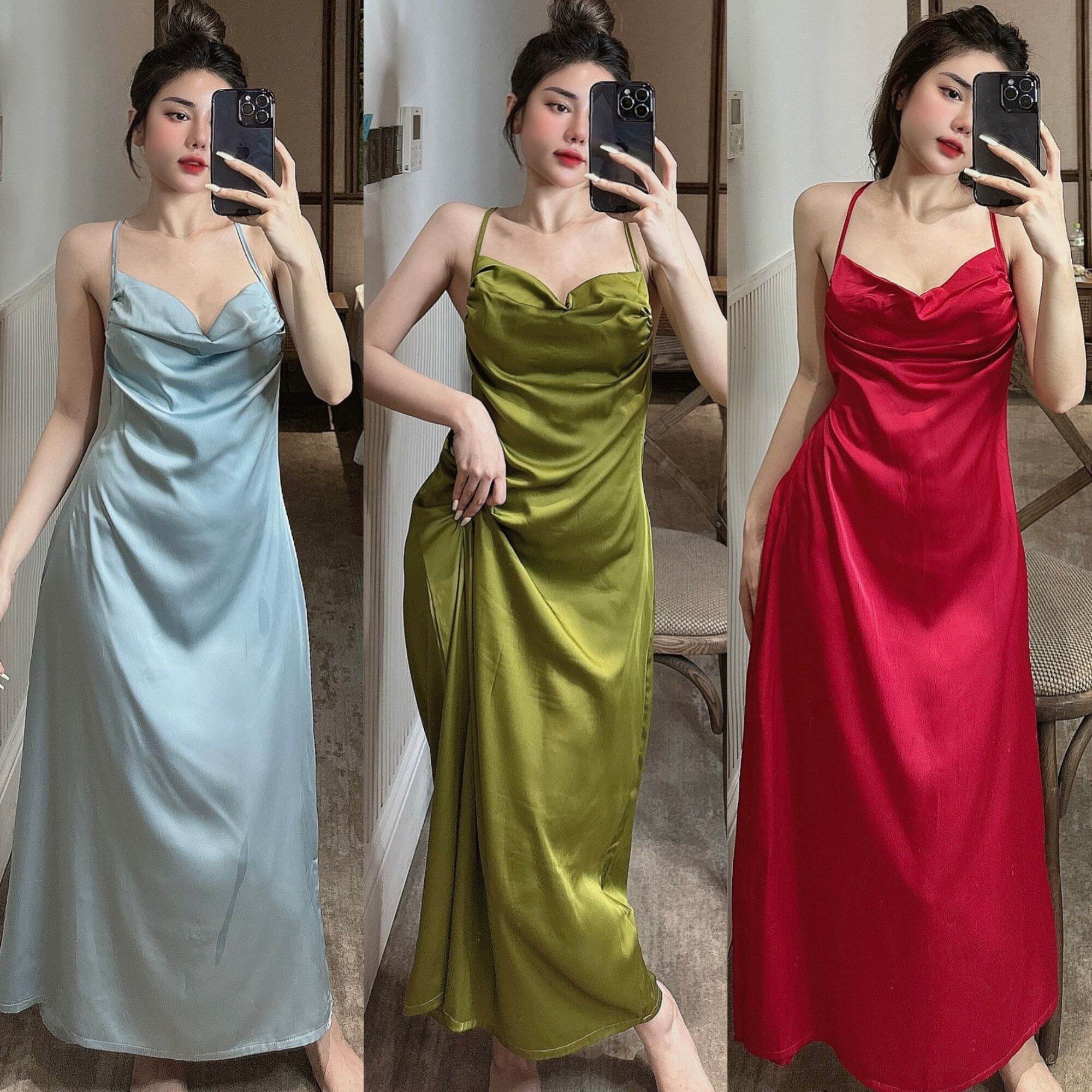 Đầm Ngủ sexy 2 Dây chéo Hở Lưng Gợi Cảm, from dáng dài, Chất Lụa Latin mềm mát, Đồ ngủ nữ cao cấp