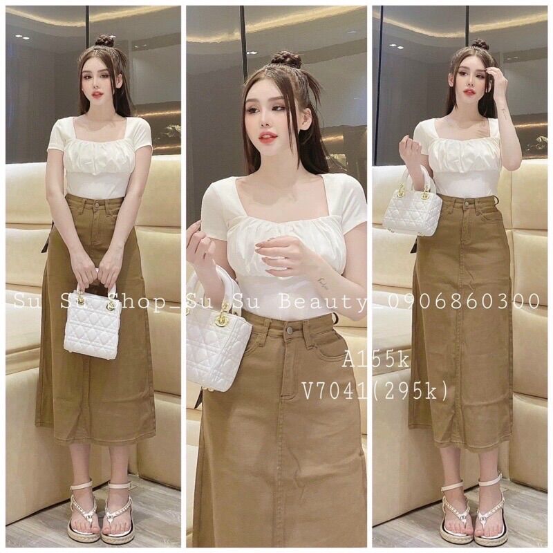 Áo thô cổ vuông rúm ngực nhiều màu
